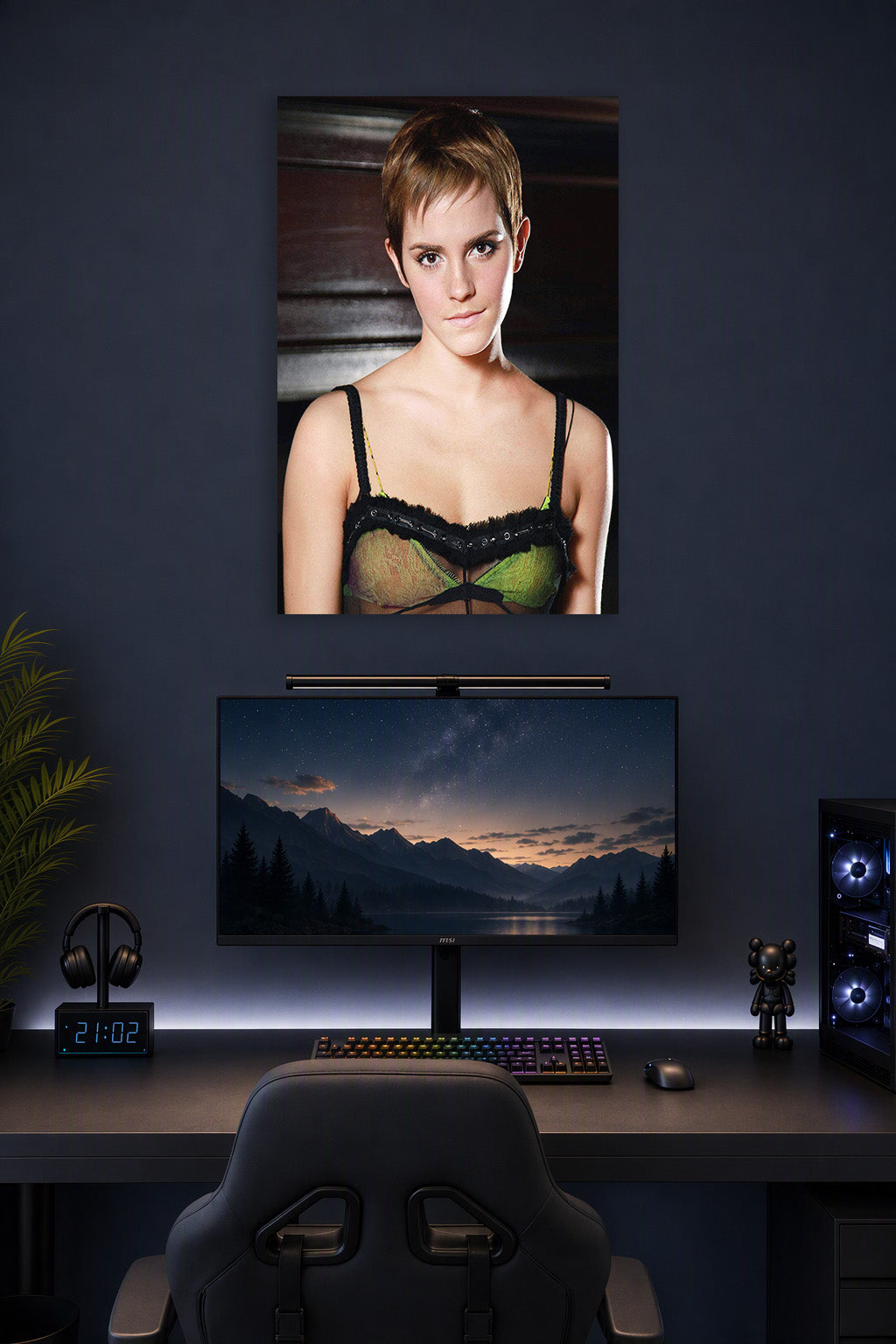 Emma Watson in a gaming desk setup above a monitor.