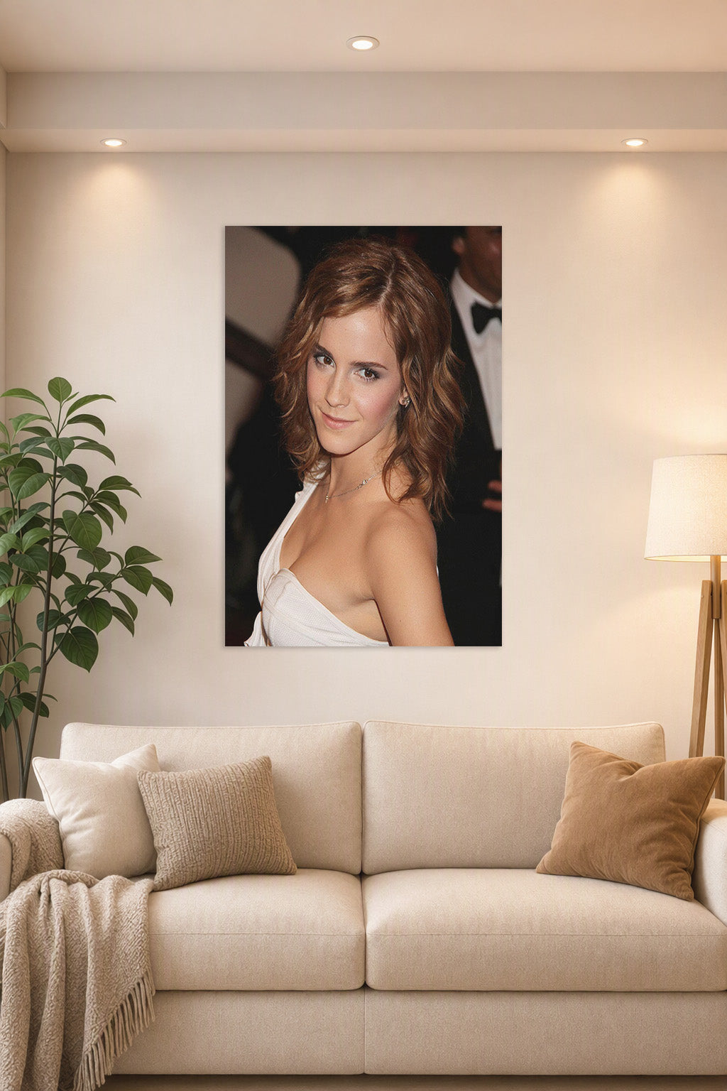 Emma Watson in a bright living room above a beige sofa.