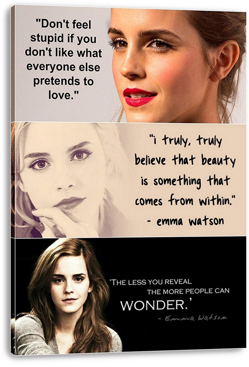 Emma Watson inspirational quotes canvas wall art print with three portrait panels and bold black and white motivational text.