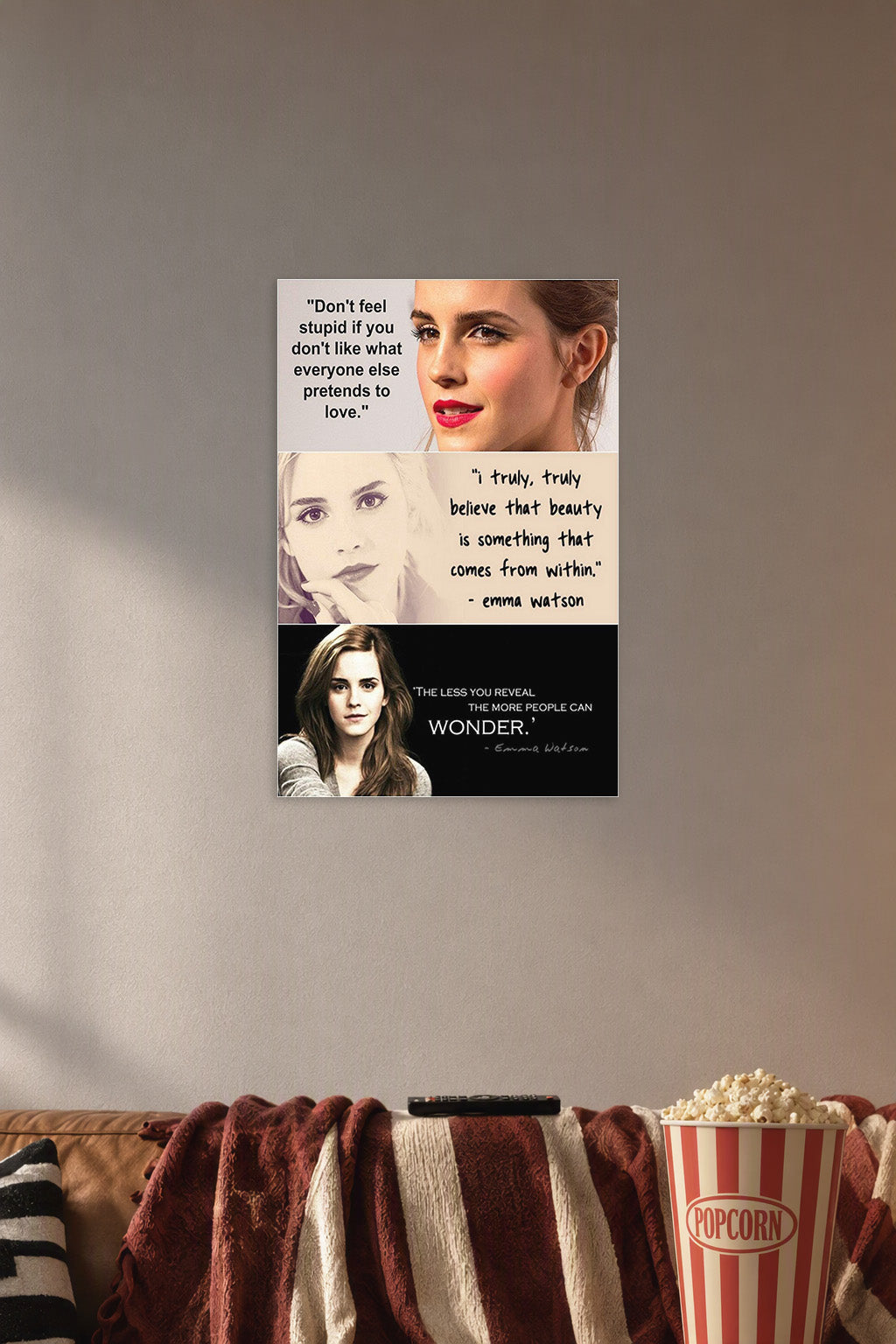 Emma Watson Inspirational Quotes in a cozy movie room above a brown sofa with popcorn.