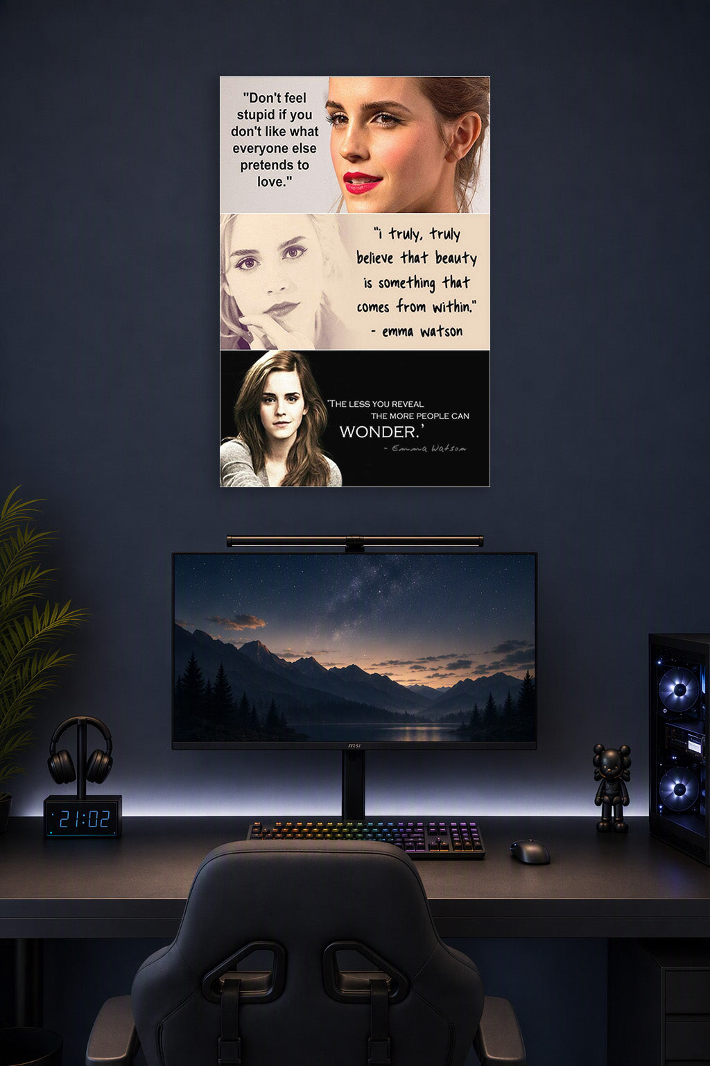 Emma Watson Inspirational Quotes in a gaming desk setup above a monitor.
