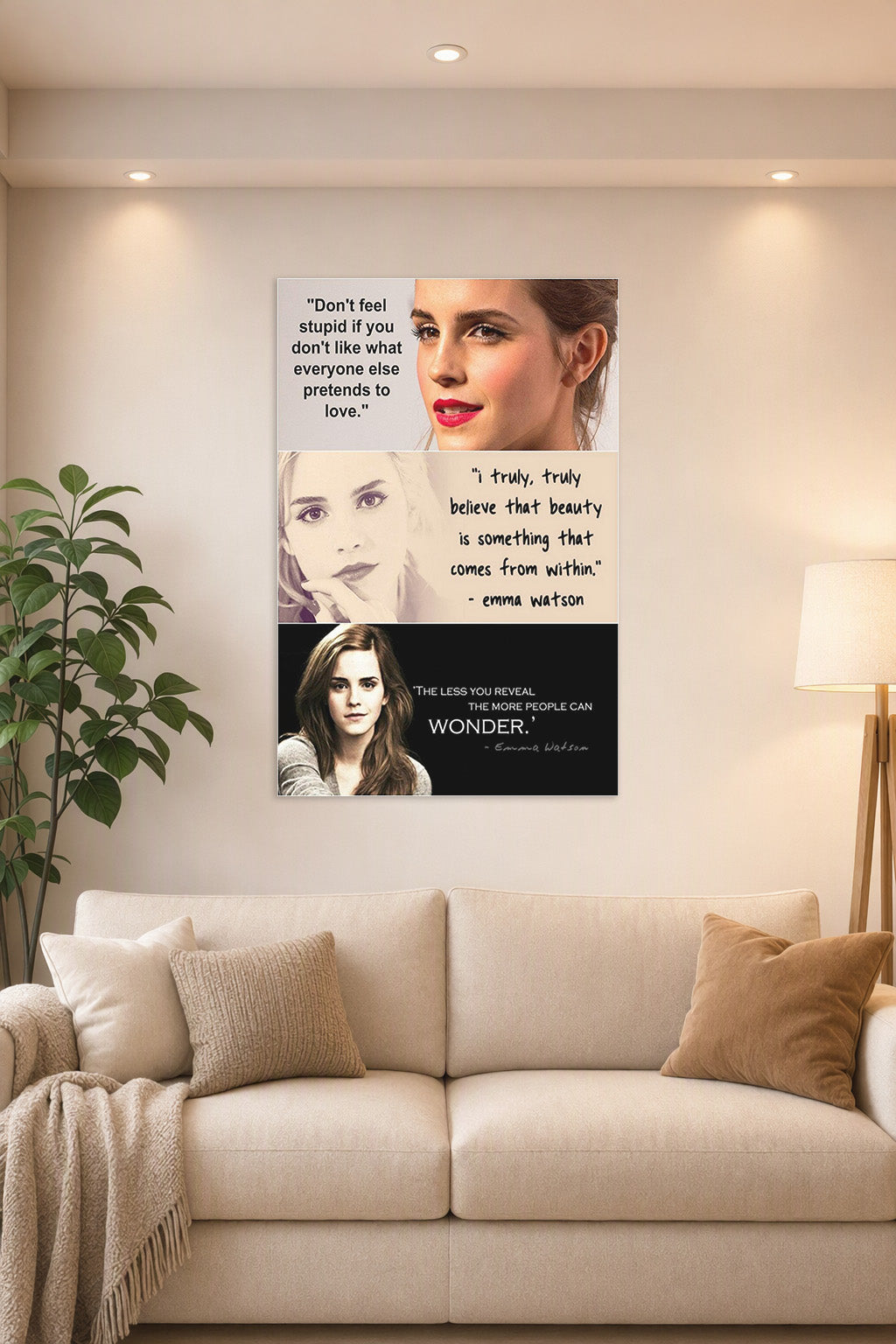 Emma Watson Inspirational Quotes in a bright living room above a beige sofa.