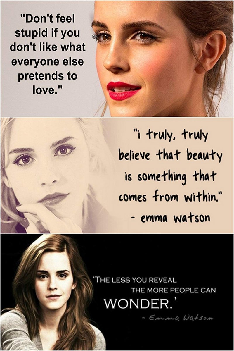Emma Watson inspirational quotes poster with three portrait panels in gray, beige, and black, featuring self-worth messages.