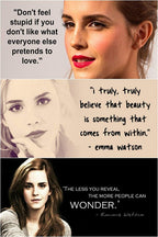 Emma Watson inspirational quotes poster with three portrait panels in gray, beige, and black, featuring self-worth messages.