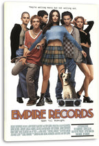 Empire Records wall art print on a stretched canvas, with the cast posed around a dog in headphones and a boombox.