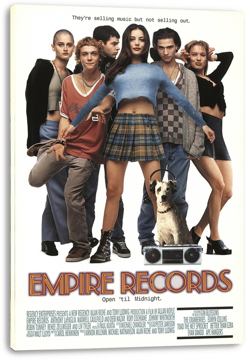 Empire Records wall art print on a stretched canvas, with the cast posed around a dog in headphones and a boombox.