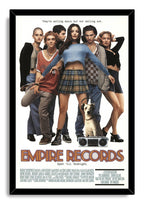 Empire Records framed wall art print with a black border, cast lineup, headphone-wearing dog, boombox, and bold title text.