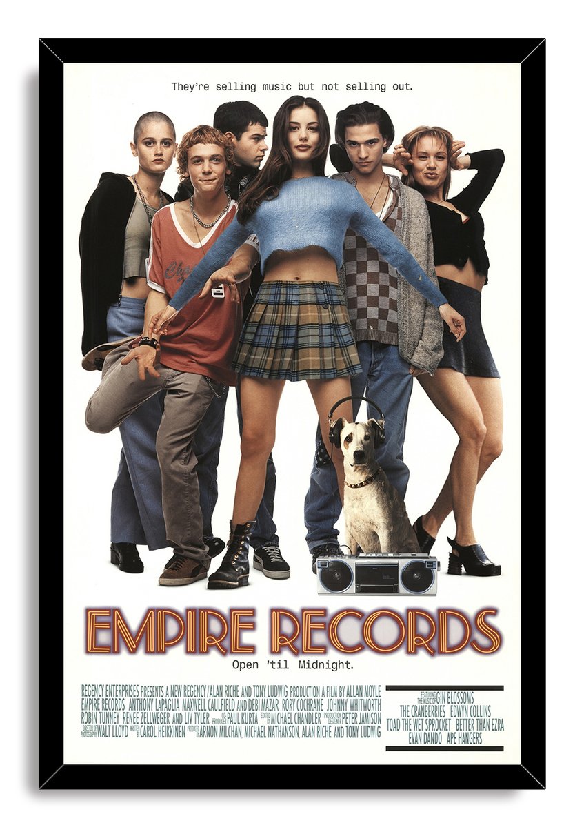Empire Records framed wall art print with a black border, cast lineup, headphone-wearing dog, boombox, and bold title text.