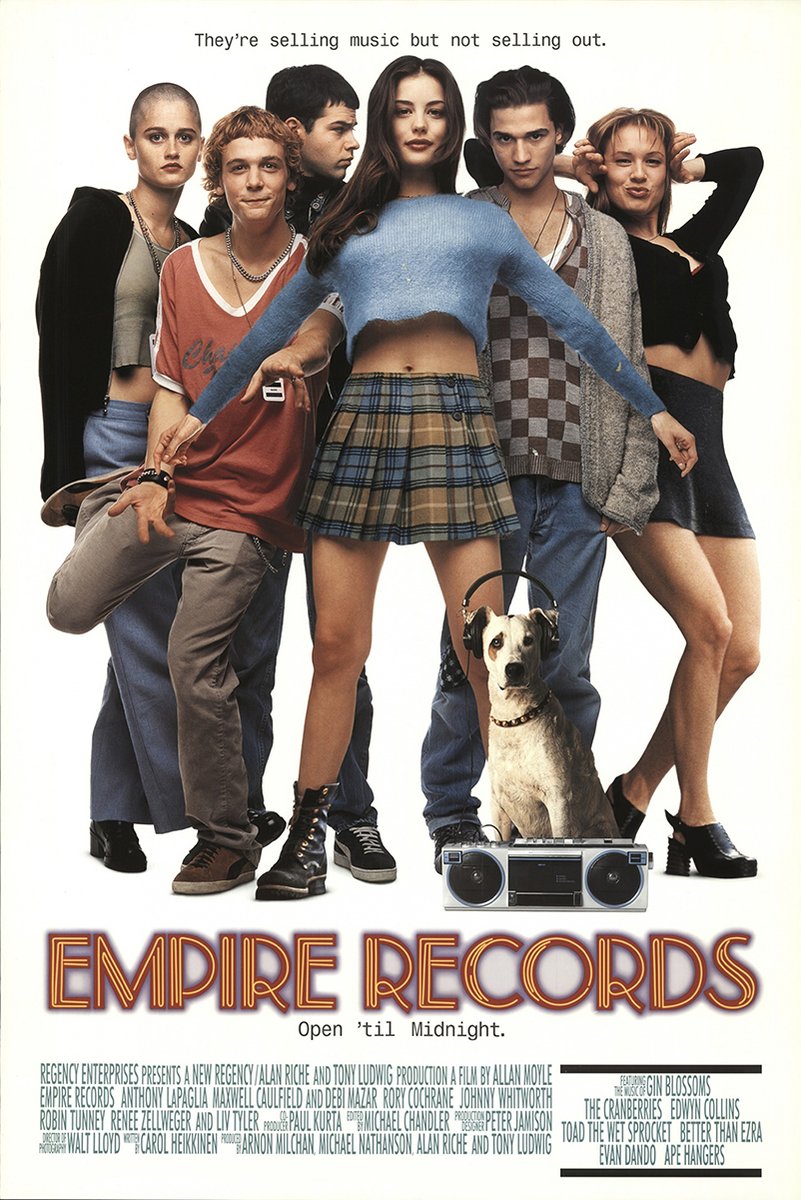 Empire Records movie poster featuring six young adults, a headphone-wearing dog, and boombox beneath the neon-style title.