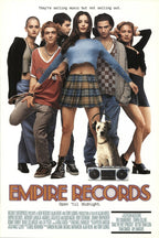 Empire Records movie poster featuring six young adults, a headphone-wearing dog, and boombox beneath the neon-style title.