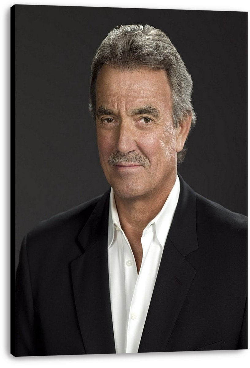 Eric Braeden canvas wall art print with a close portrait of the actor in a black jacket, shown on a thick white-edged canvas.