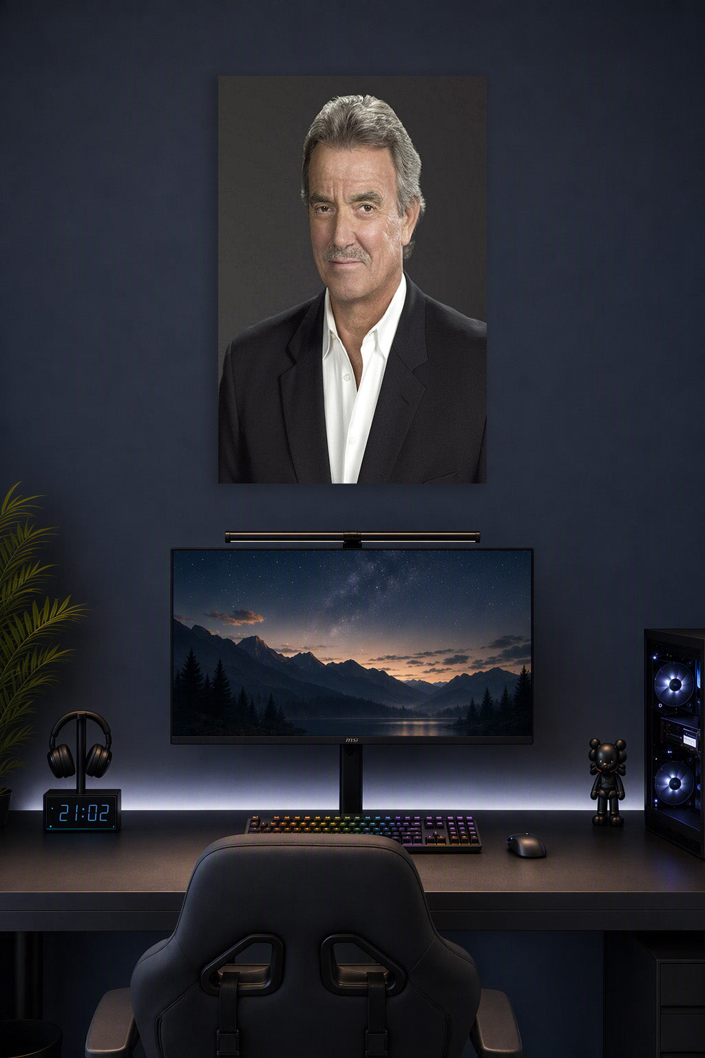 Eric Braeden in a gaming desk setup above a monitor.