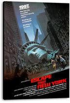 Escape from New York wall art print on a visible stretched canvas depicts the fallen Statue of Liberty amid a ruined city street.