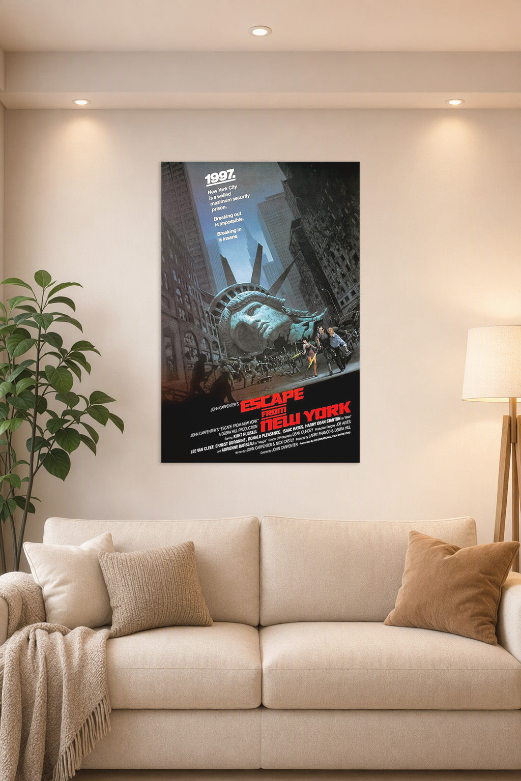 Escape From New York Movie Poster in a bright living room above a beige sofa.