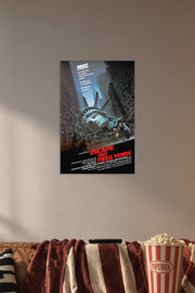 Escape From New York Movie Poster in a cozy movie room above a brown sofa with popcorn.