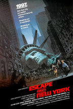 Escape from New York poster depicts a fallen Statue of Liberty head in a dark city street, with fleeing figures and red title text.