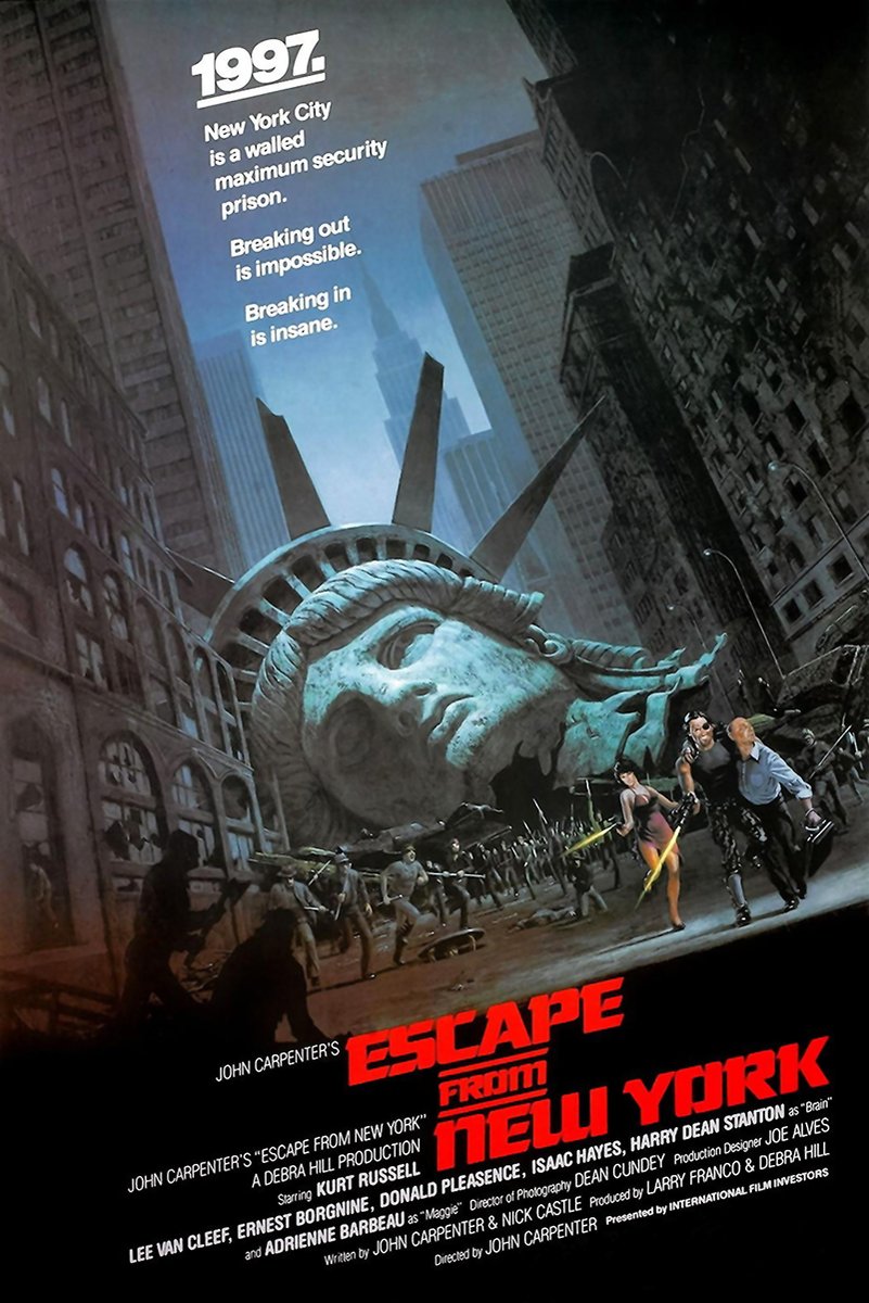 Escape from New York poster depicts a fallen Statue of Liberty head in a dark city street, with fleeing figures and red title text.