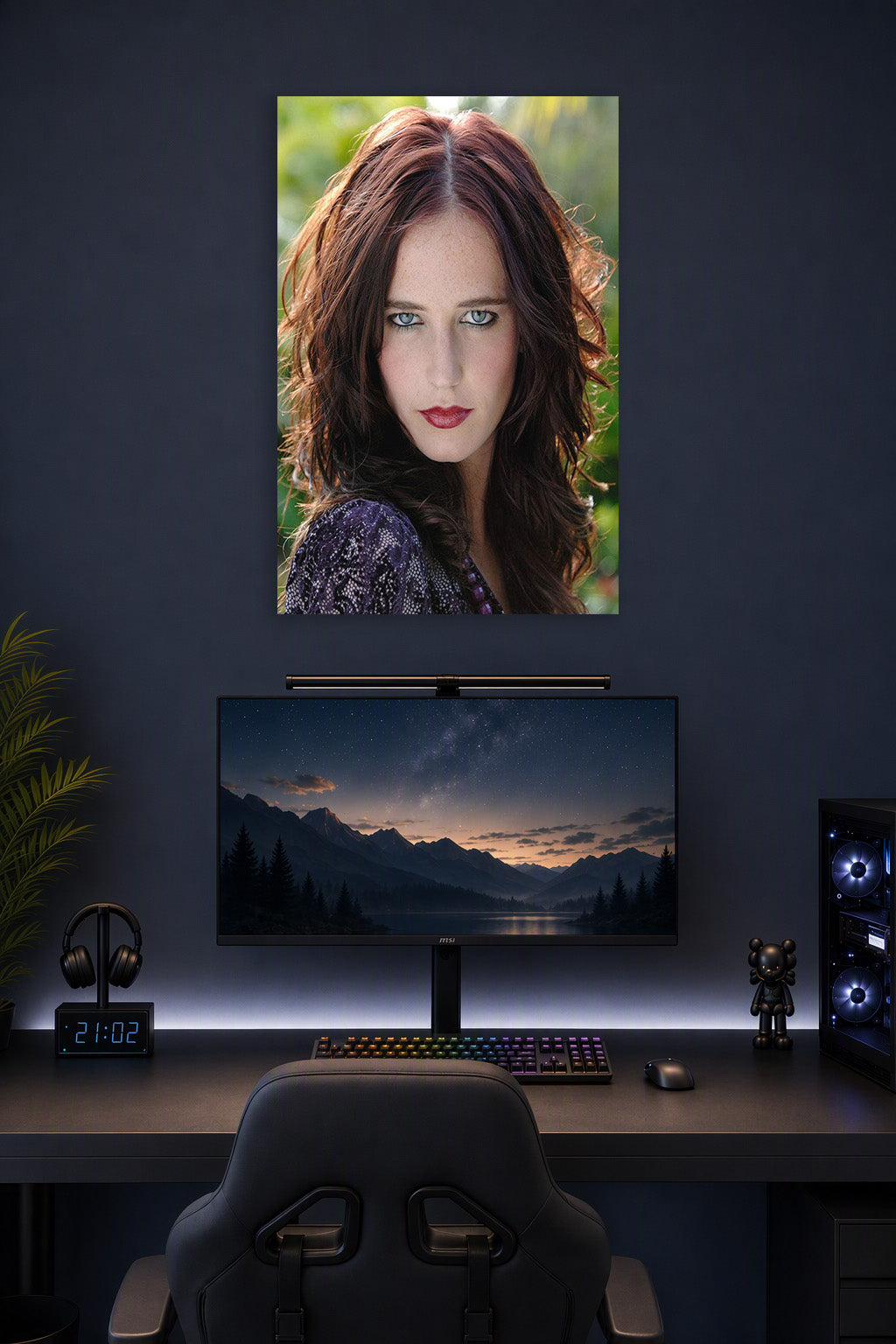 Eva Green in a gaming desk setup above a monitor.