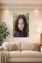 Eva Green in a bright living room above a beige sofa.