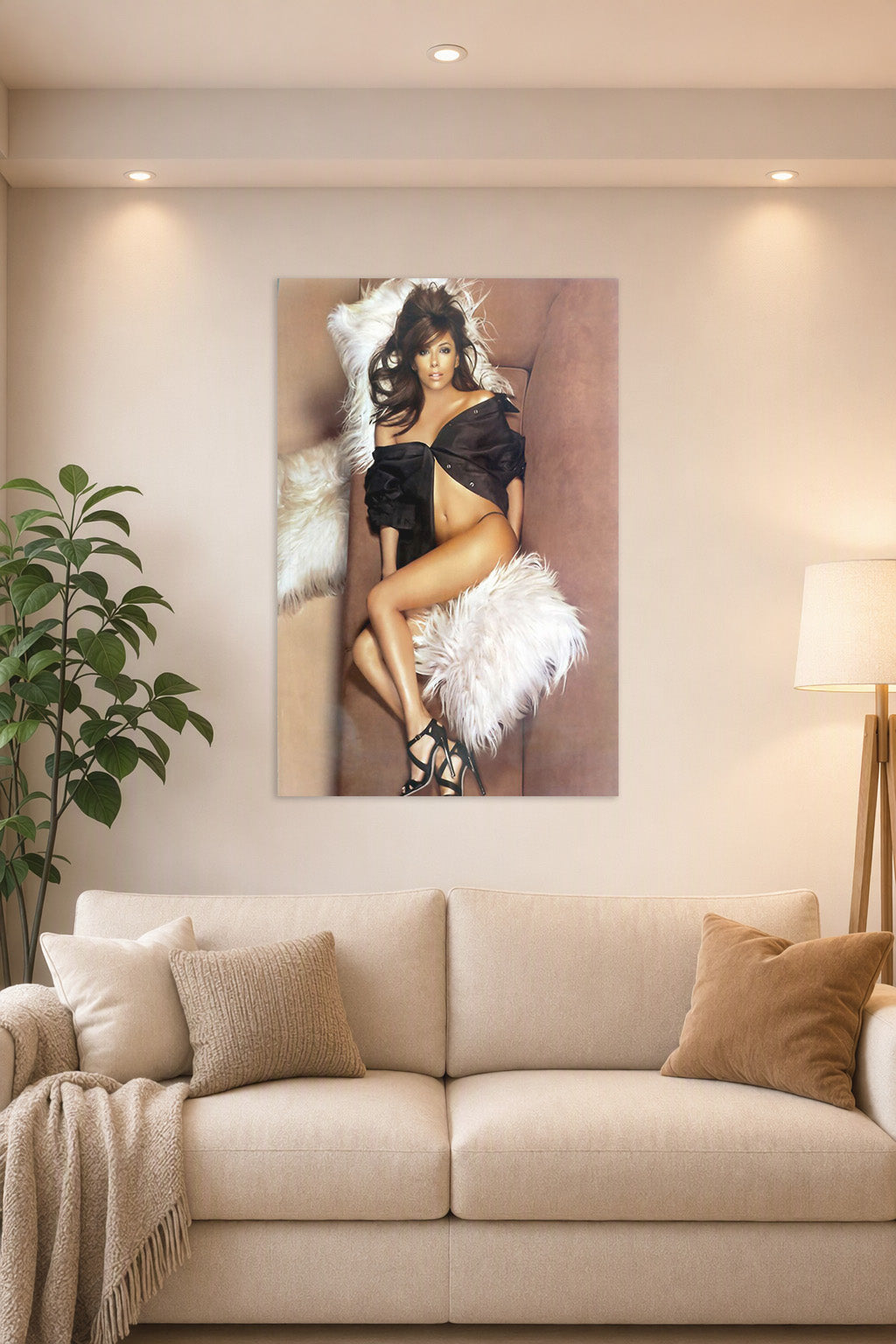 Eva Longoria in a bright living room above a beige sofa.