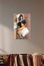 Eva Longoria in a cozy movie room above a brown sofa with popcorn.