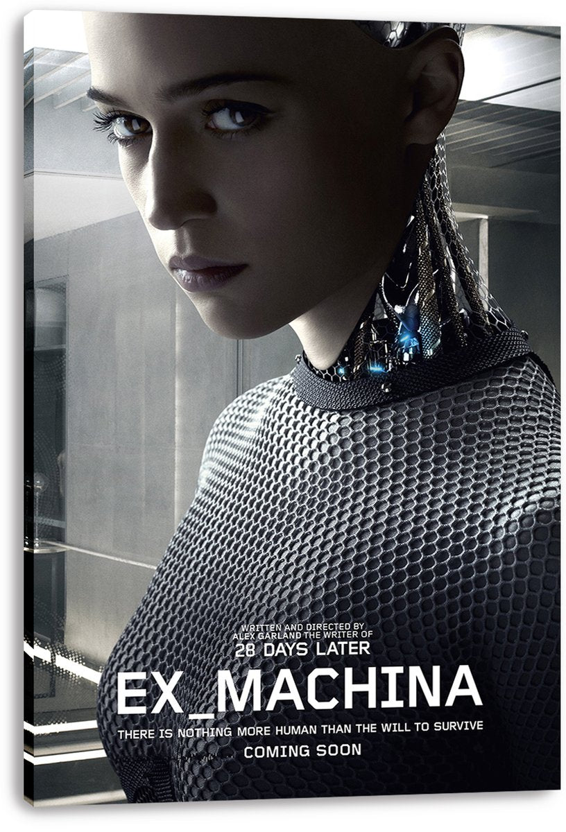 Ex Machina canvas wall art print featuring Ava's close-up portrait, metallic mesh bodysuit, blue neck lights, and title text.