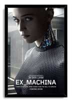 Ex Machina framed wall art print featuring Ava in a futuristic gray interior, with robotic neck detail and white film lettering.