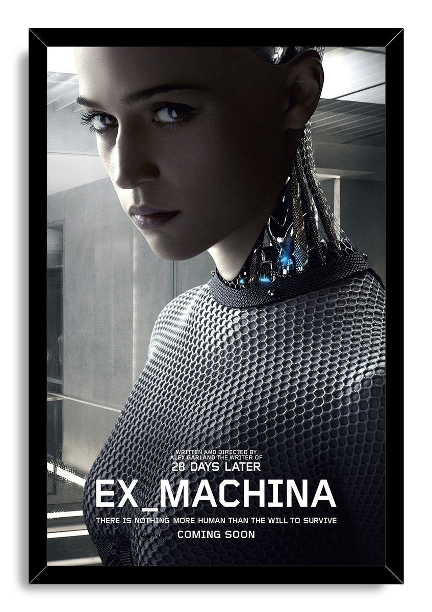 Ex Machina framed wall art print featuring Ava in a futuristic gray interior, with robotic neck detail and white film lettering.