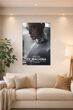 Ex Machina Movie Ava Robot in a bright living room above a beige sofa.