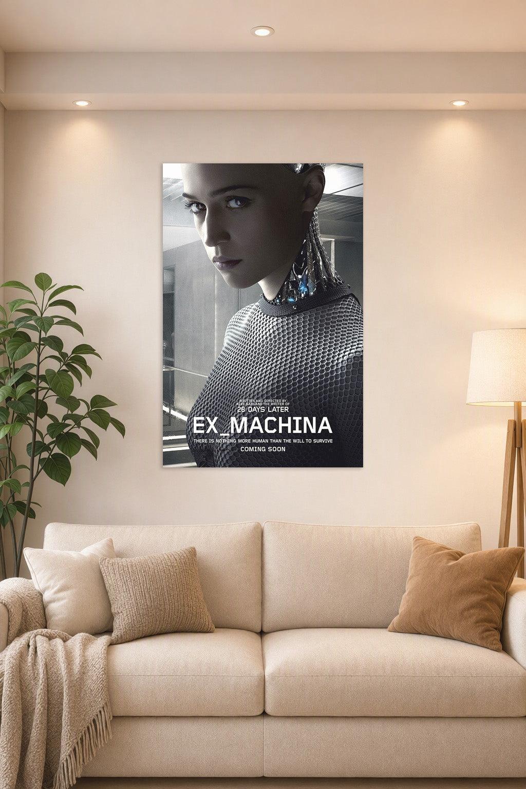 Ex Machina Movie Ava Robot in a bright living room above a beige sofa.