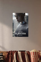 Ex Machina Movie Ava Robot in a cozy movie room above a brown sofa with popcorn.