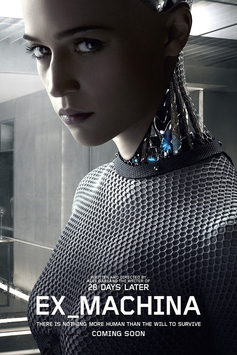 Ex Machina poster featuring Ava in a silver mesh bodysuit with exposed robotic neck details and bold white title text.