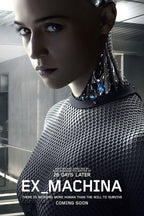 Ex Machina poster featuring Ava in a silver mesh bodysuit with exposed robotic neck details and bold white title text.