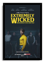 Framed Extremely Wicked, Shockingly Evil and Vile wall art print featuring Zac Efron in a yellow turtleneck.