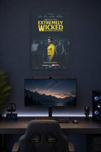 Extremely Wicked, Shockingly Evil and Vile Movie Zac Efron Ted Bundy in a gaming desk setup above a monitor.