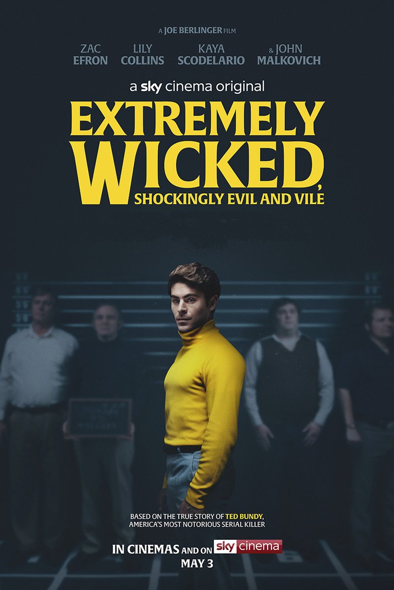 Extremely Wicked, Shockingly Evil and Vile poster with Zac Efron in a yellow turtleneck before blurred men.
