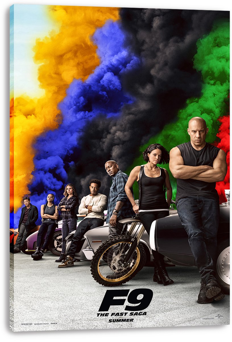 F9 The Fast Saga canvas wall art print with the cast, cars, and motorcycle against sweeping multicolored smoke clouds.