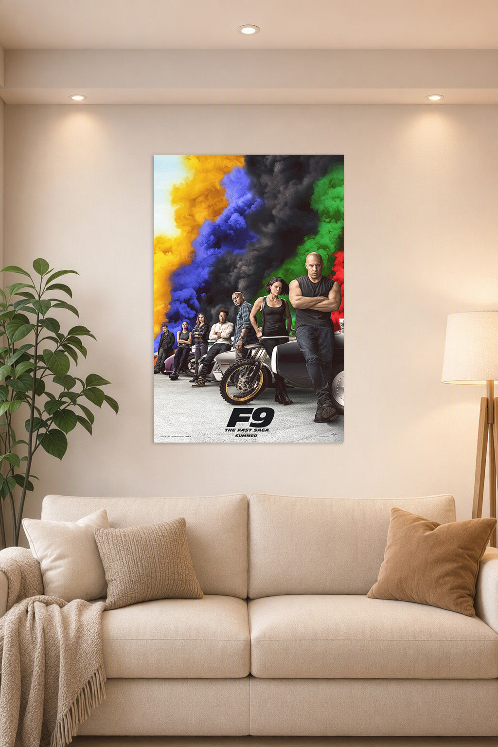 F9 The Fast Saga Movie Cast in a bright living room above a beige sofa.