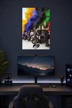 F9 The Fast Saga Movie Cast in a gaming desk setup above a monitor.