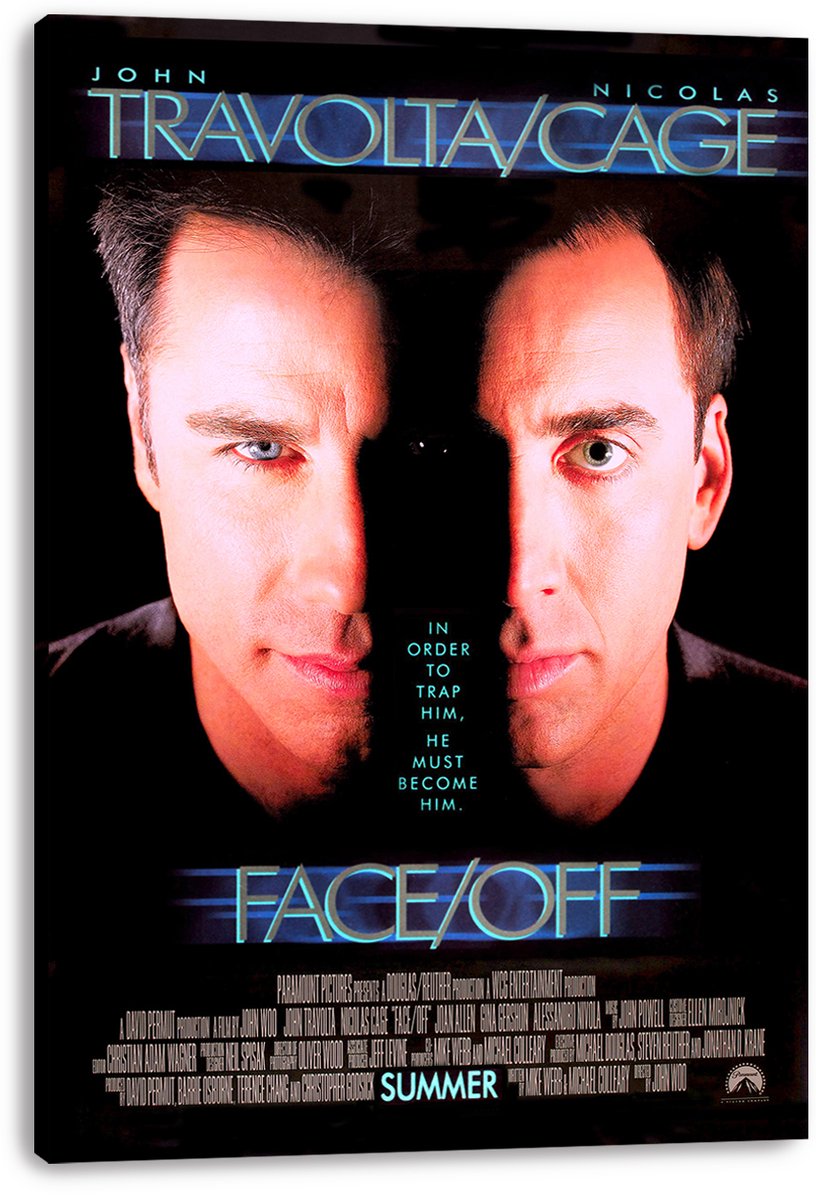 Face/Off canvas wall art print featuring John Travolta and Nicolas Cage in matching close-up portraits with a black background.