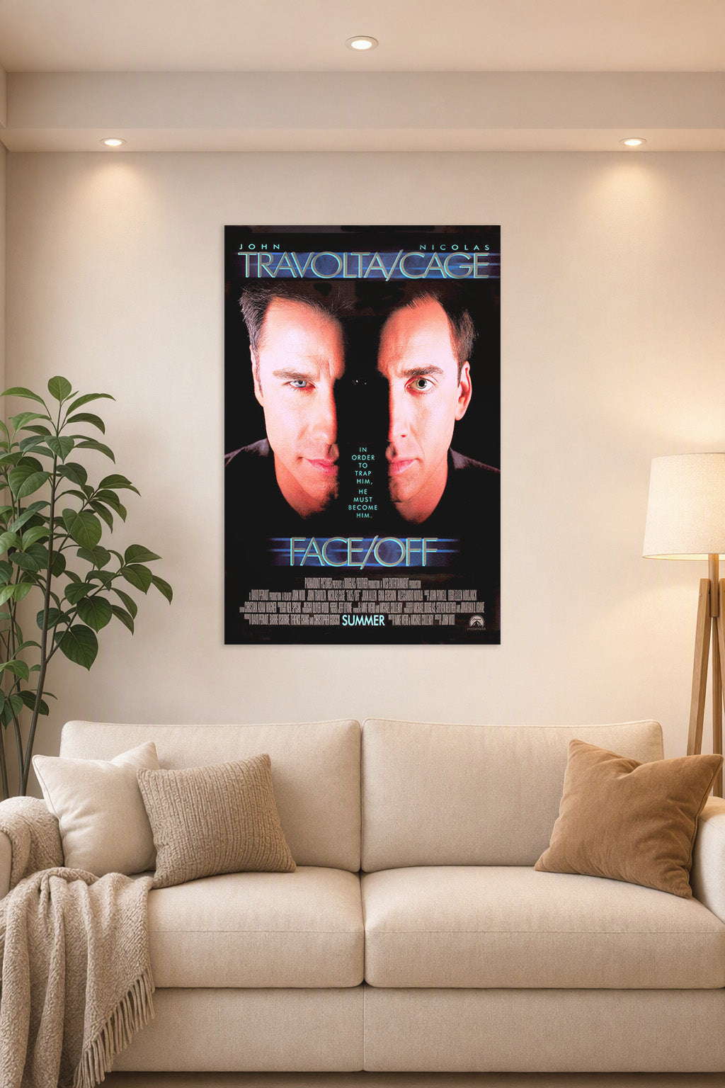 Face/Off John Travolta Nicolas Cage in a bright living room above a beige sofa.