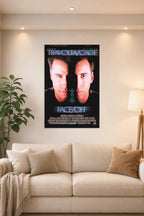 Face/Off John Travolta Nicolas Cage in a bright living room above a beige sofa.