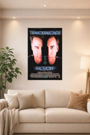 Face/Off John Travolta Nicolas Cage in a bright living room above a beige sofa.