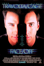 Face/Off poster featuring close-up split portraits of John Travolta and Nicolas Cage against black with blue title text.