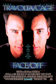 Face/Off poster featuring close-up split portraits of John Travolta and Nicolas Cage against black with blue title text.