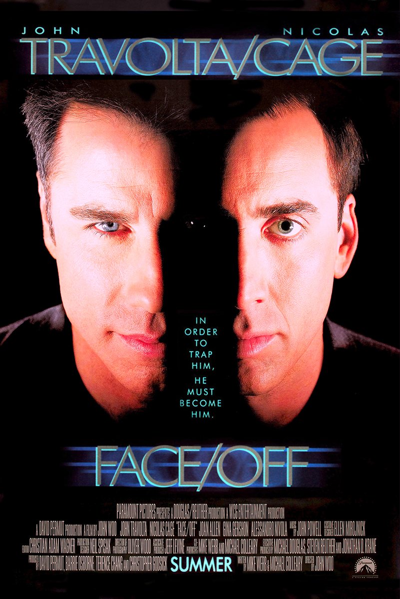Face/Off poster featuring close-up split portraits of John Travolta and Nicolas Cage against black with blue title text.