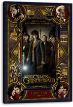 Fantastic Beasts The Crimes of Grindelwald canvas wall art print featuring the cast, gold serpent border, and Comic-Con 2018 text.