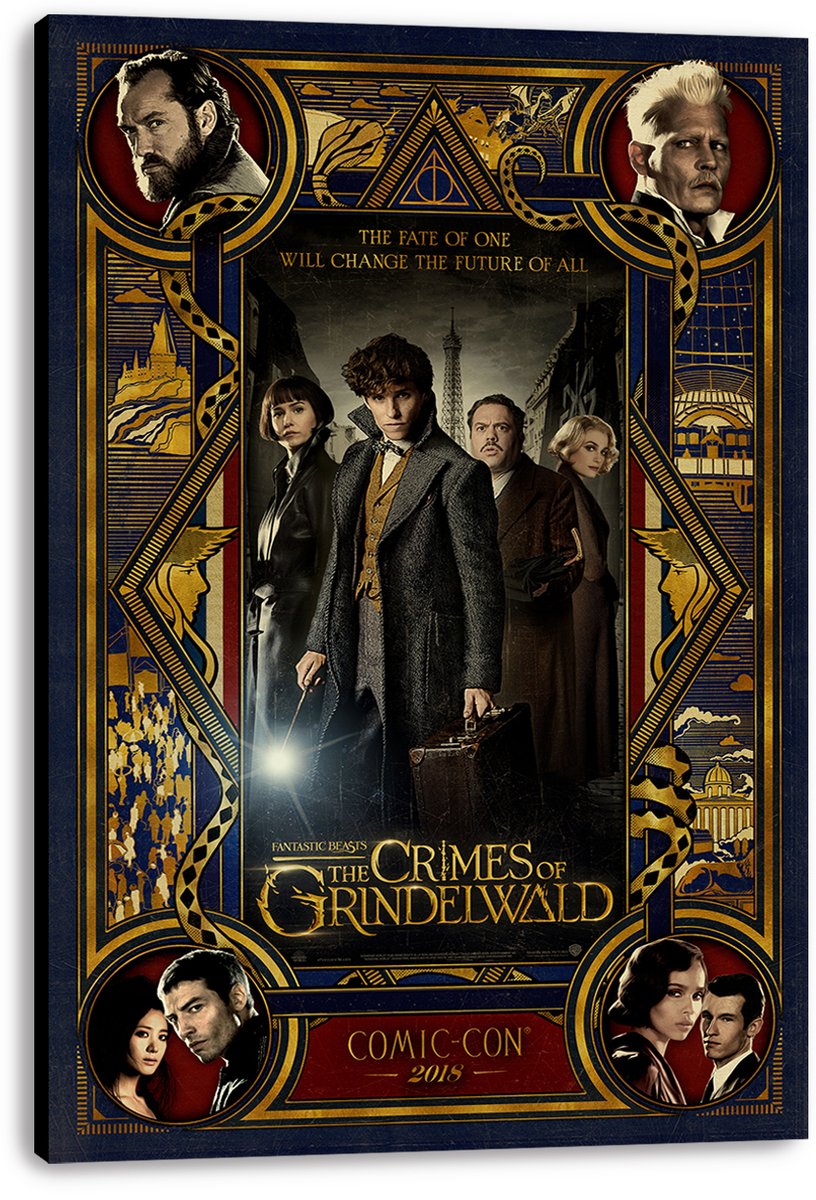 Fantastic Beasts The Crimes of Grindelwald canvas wall art print featuring the cast, gold serpent border, and Comic-Con 2018 text.