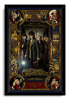 Framed Fantastic Beasts The Crimes of Grindelwald wall art print with Newt holding a wand and case amid an Art Deco cast collage.