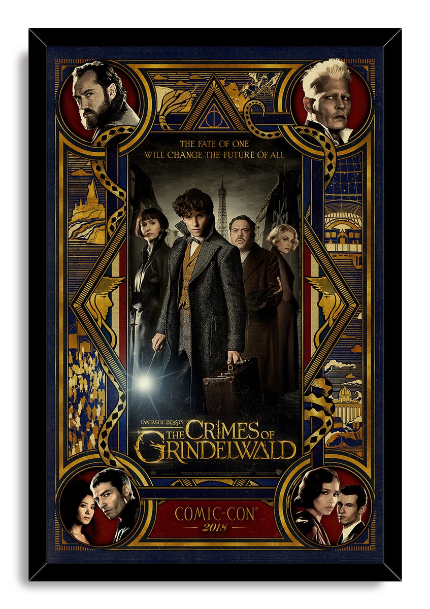 Framed Fantastic Beasts The Crimes of Grindelwald wall art print with Newt holding a wand and case amid an Art Deco cast collage.